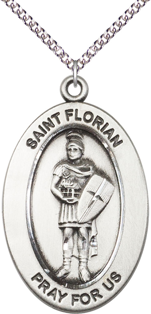 Sterling Silver Saint Florian Pendant on a 24 inch Sterling Silver Heavy Curb chain