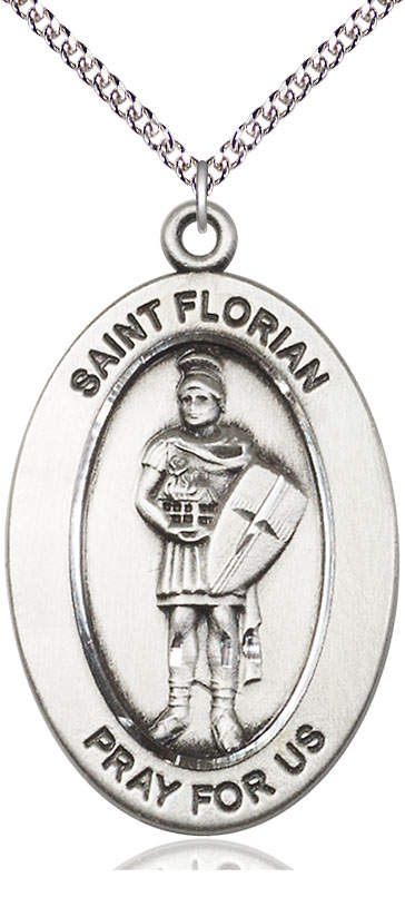 Sterling Silver Saint Florian Pendant on a 24 inch Sterling Silver Heavy Curb chain