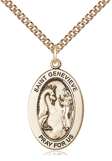 14kt Gold Filled Saint Genevieve Pendant on a 24 inch Gold Filled Heavy Curb chain