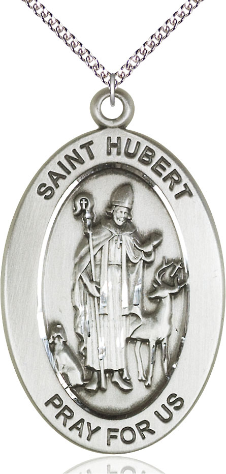Sterling Silver Saint Hubert of Liege Pendant on a 24 inch Sterling Silver Heavy Curb chain