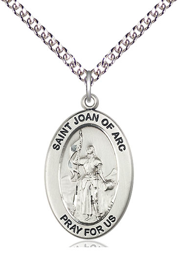 Sterling Silver Saint Joan of Arc Pendant on a 24 inch Sterling Silver Heavy Curb chain