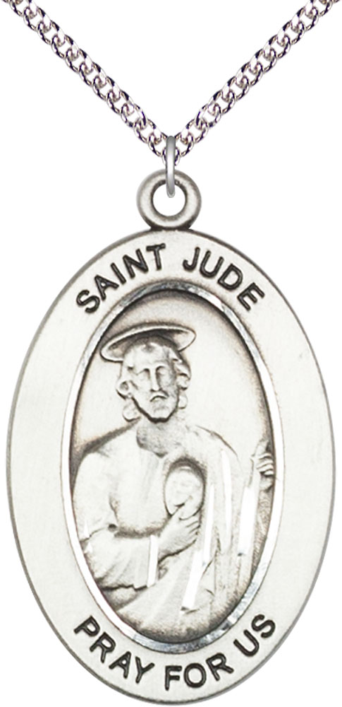 Sterling Silver Saint Jude Thaddeus Pendant on a 24 inch Sterling Silver Heavy Curb chain