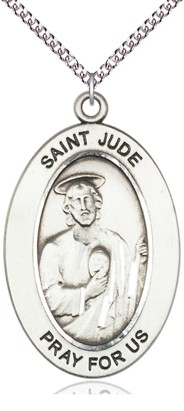 Sterling Silver Saint Jude Thaddeus Pendant on a 24 inch Sterling Silver Heavy Curb chain