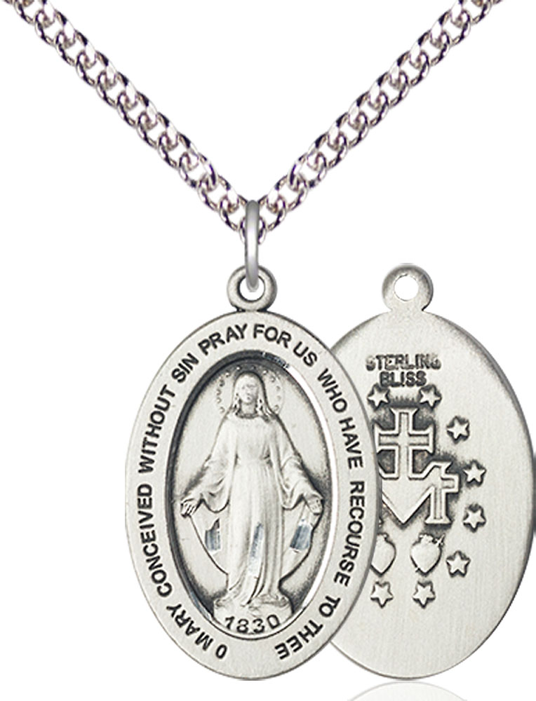 Sterling Silver Miraculous Pendant on a 24 inch Sterling Silver Heavy Curb chain