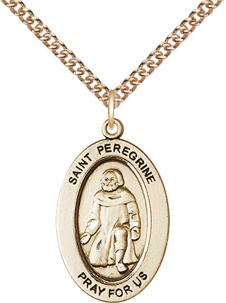 14kt Gold Filled Saint Peregrine Pendant on a 24 inch Gold Filled Heavy Curb chain