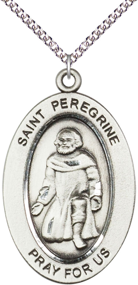 Sterling Silver Saint Peregrine Pendant on a 24 inch Sterling Silver Heavy Curb chain