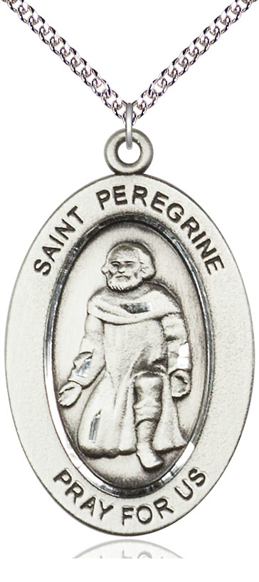Sterling Silver Saint Peregrine Pendant on a 24 inch Sterling Silver Heavy Curb chain