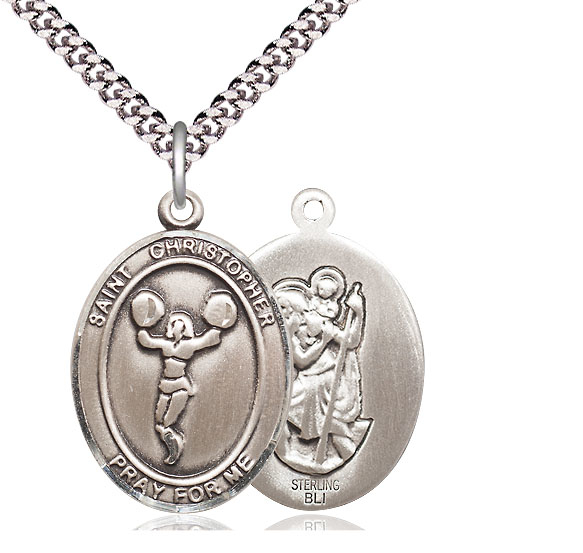 Sterling Silver Saint Christopher Cheerleading Pendant on a 24 inch Light Rhodium Heavy Curb chain