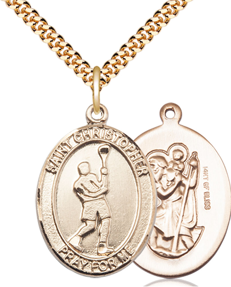 14kt Gold Filled Saint Christopher Lacrosse Pendant on a 24 inch Gold Plate Heavy Curb chain
