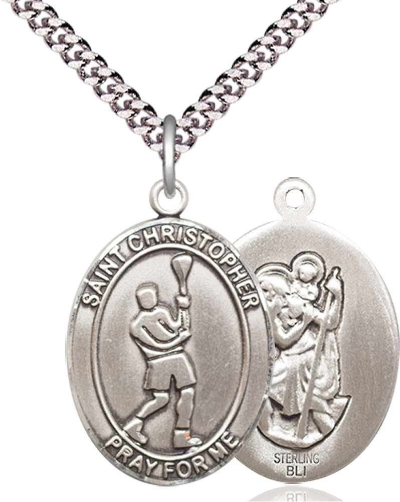 Sterling Silver Saint Christopher Lacrosse Pendant on a 24 inch Light Rhodium Heavy Curb chain