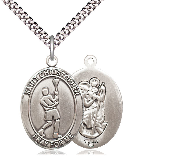 Sterling Silver Saint Christopher Lacrosse Pendant on a 24 inch Light Rhodium Heavy Curb chain