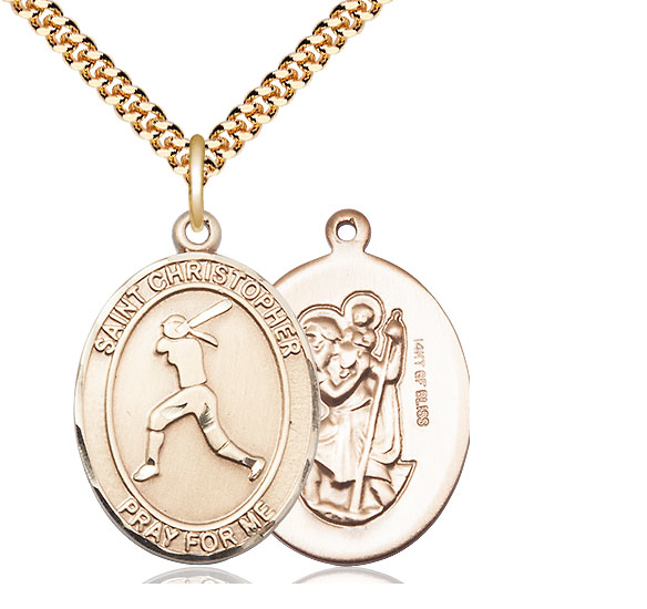 14kt Gold Filled Saint Christopher Softball Pendant on a 24 inch Gold Plate Heavy Curb chain