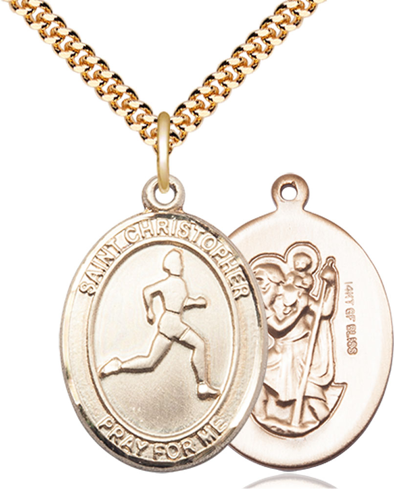 14kt Gold Filled Saint Christopher Track&amp;Field Pendant on a 24 inch Gold Plate Heavy Curb chain