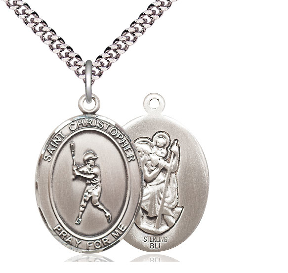 Sterling Silver Saint Christopher Baseball Pendant on a 24 inch Light Rhodium Heavy Curb chain