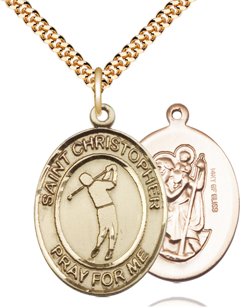 14kt Gold Filled Saint Christopher Golf Pendant on a 24 inch Gold Plate Heavy Curb chain