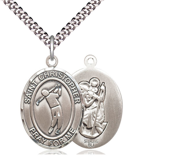 Sterling Silver Saint Christopher Golf Pendant on a 24 inch Light Rhodium Heavy Curb chain