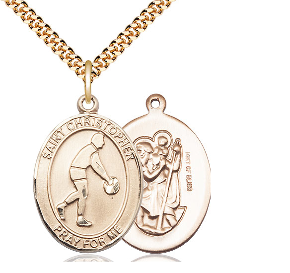 14kt Gold Filled Saint Christopher Basketball Pendant on a 24 inch Gold Plate Heavy Curb chain