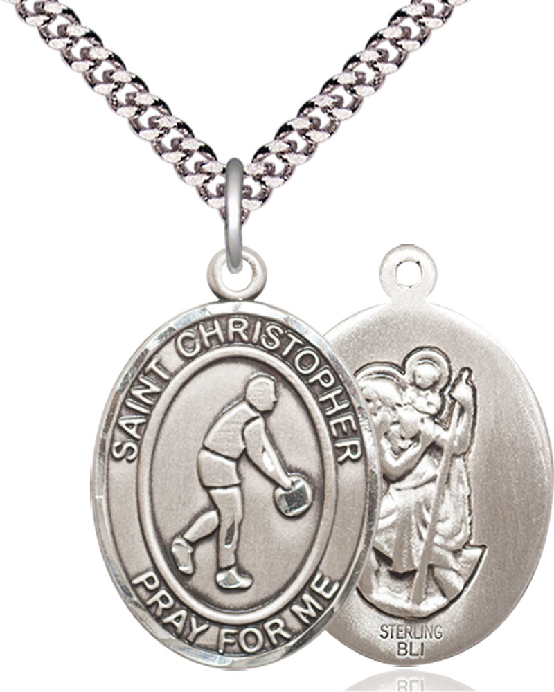 Sterling Silver Saint Christopher Basketball Pendant on a 24 inch Light Rhodium Heavy Curb chain