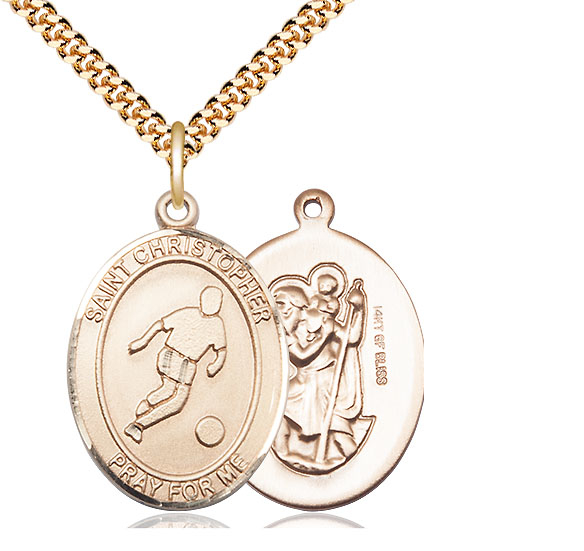 14kt Gold Filled Saint Christopher Soccer Pendant on a 24 inch Gold Plate Heavy Curb chain