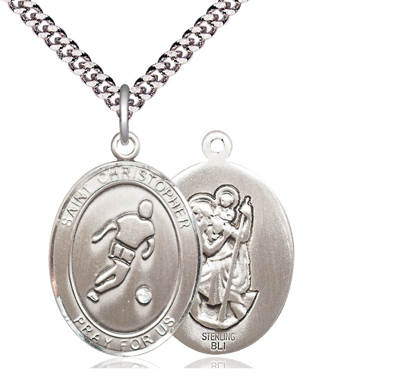 Sterling Silver Saint Christopher Soccer Pendant on a 24 inch Light Rhodium Heavy Curb chain