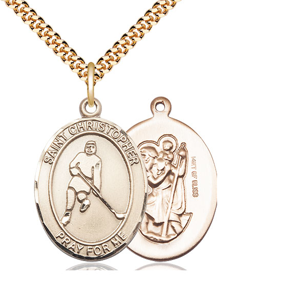 14kt Gold Filled Saint Christopher Ice Hockey Pendant on a 24 inch Gold Plate Heavy Curb chain