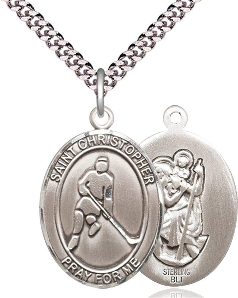 Sterling Silver Saint Christopher Ice Hockey Pendant on a 24 inch Light Rhodium Heavy Curb chain