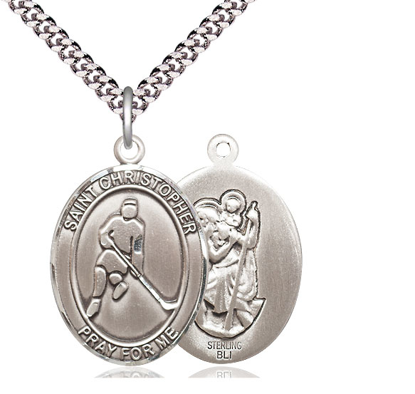 Sterling Silver Saint Christopher Ice Hockey Pendant on a 24 inch Light Rhodium Heavy Curb chain