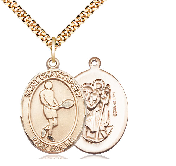 14kt Gold Filled Saint Christopher Tennis Pendant on a 24 inch Gold Plate Heavy Curb chain