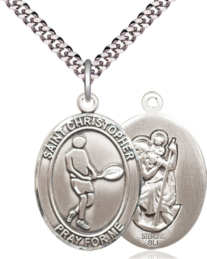 Sterling Silver Saint Christopher Tennis Pendant on a 24 inch Light Rhodium Heavy Curb chain