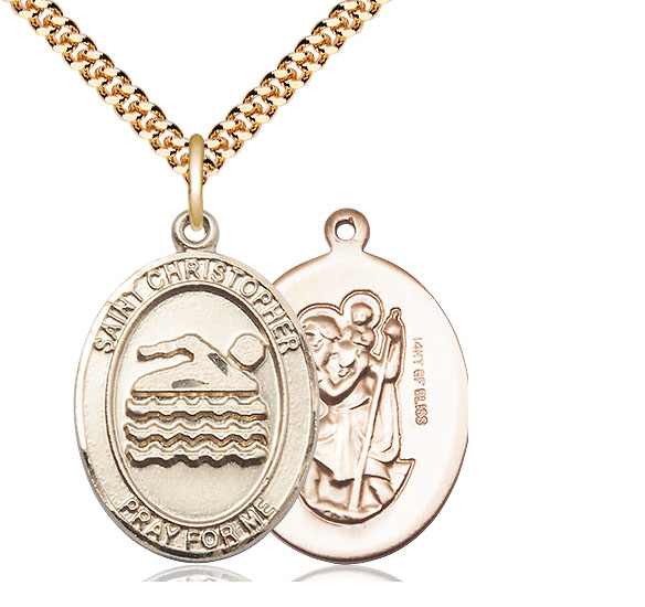 14kt Gold Filled Saint Christopher Swimming Pendant on a 24 inch Gold Plate Heavy Curb chain