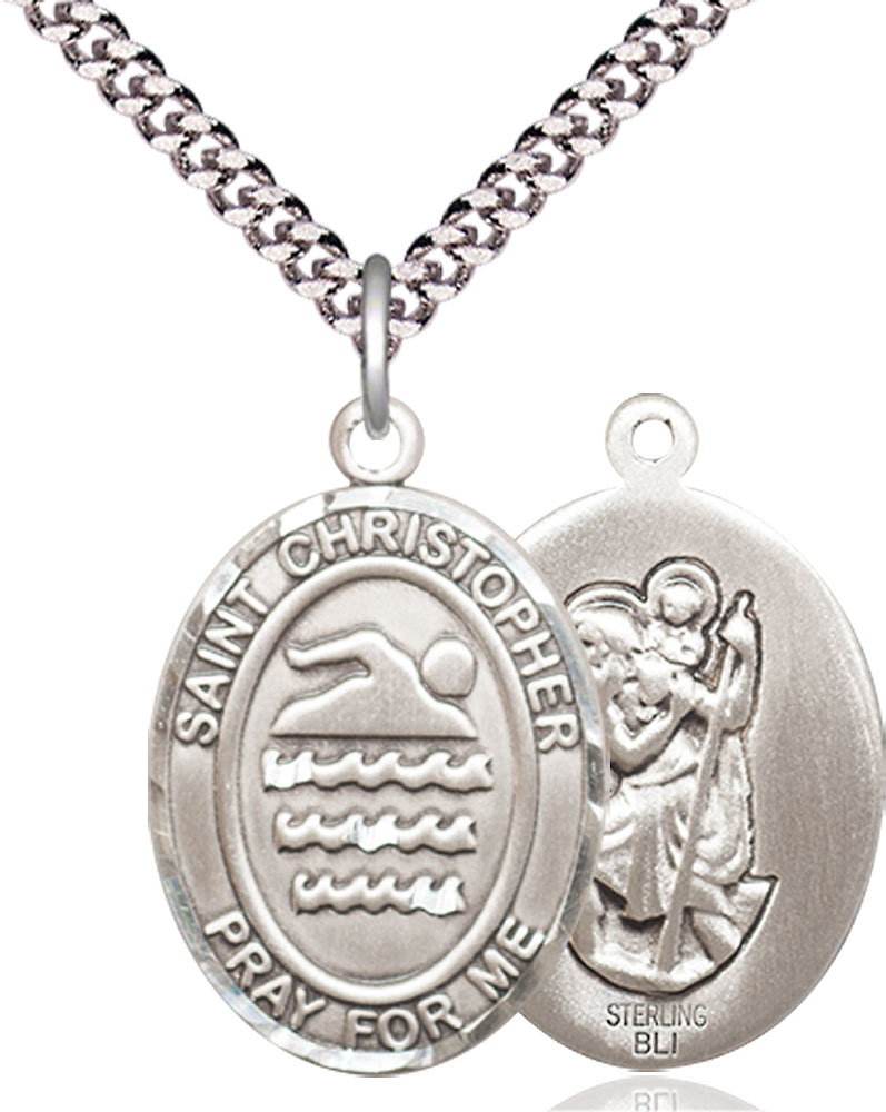 Sterling Silver Saint Christopher Swimming Pendant on a 24 inch Light Rhodium Heavy Curb chain
