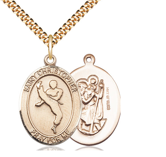 14kt Gold Filled Saint Christopher Martial Arts Pendant on a 24 inch Gold Plate Heavy Curb chain