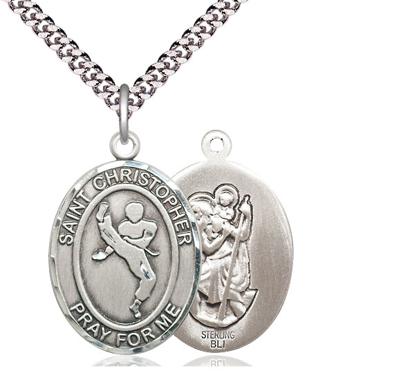 Sterling Silver Saint Christopher Martial Arts Pendant on a 24 inch Light Rhodium Heavy Curb chain