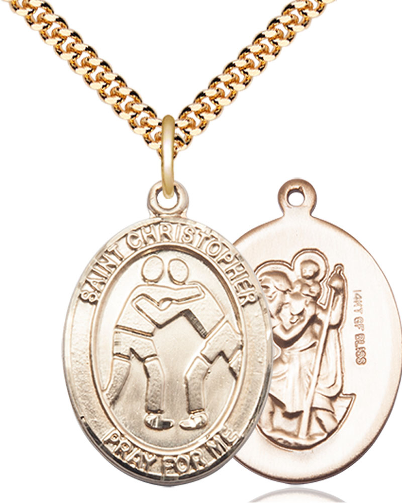 14kt Gold Filled Saint Christopher Wrestling Pendant on a 24 inch Gold Plate Heavy Curb chain