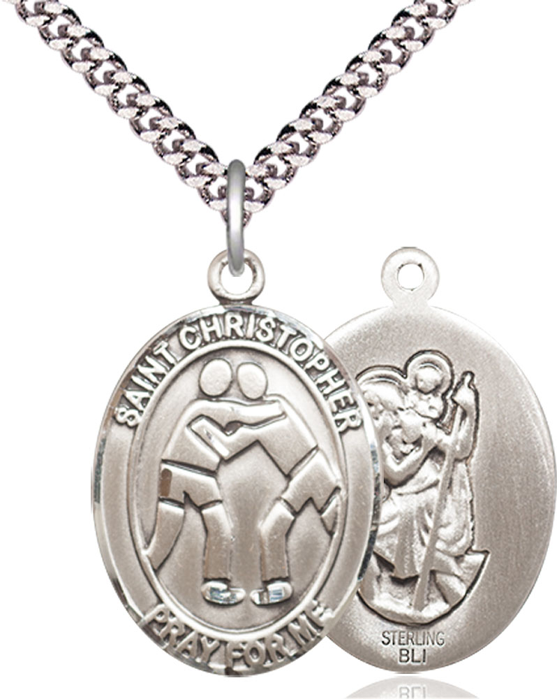 Sterling Silver Saint Christopher Wrestling Pendant on a 24 inch Light Rhodium Heavy Curb chain