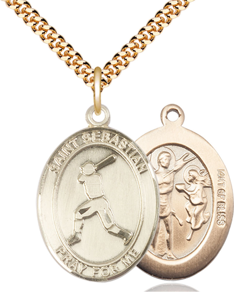 14kt Gold Filled Saint Sebastian Baseball Pendant on a 24 inch Gold Plate Heavy Curb chain
