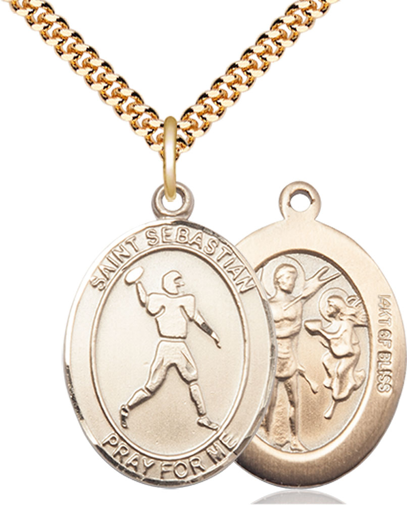14kt Gold Filled Saint Sebastian Football Pendant on a 24 inch Gold Plate Heavy Curb chain