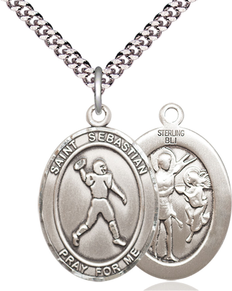 Sterling Silver Saint Sebastian Football Pendant on a 24 inch Light Rhodium Heavy Curb chain
