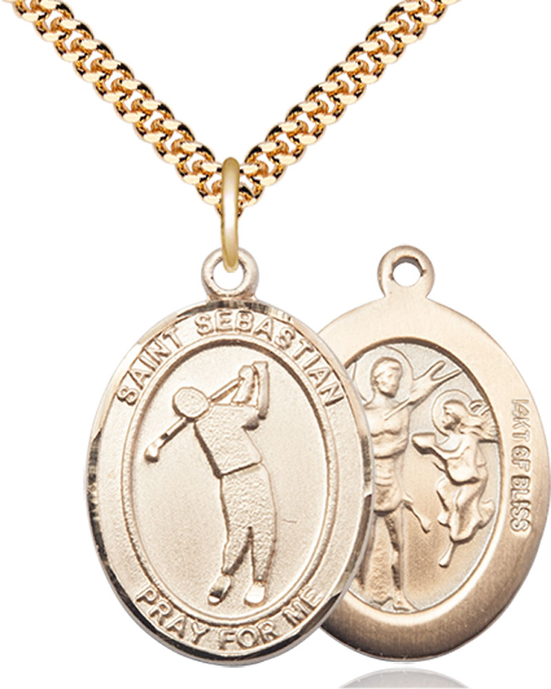 14kt Gold Filled Saint Sebastian Golf Pendant on a 24 inch Gold Plate Heavy Curb chain
