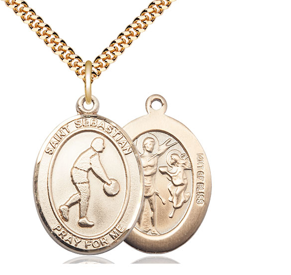 14kt Gold Filled Saint Sebastian Basketball Pendant on a 24 inch Gold Plate Heavy Curb chain