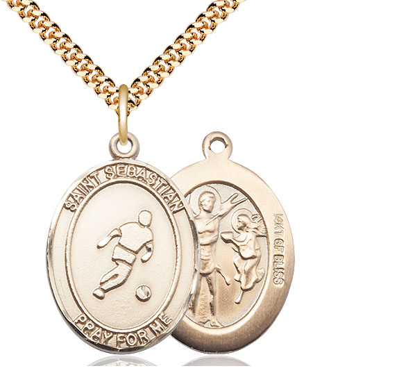 14kt Gold Filled Saint Sebastian Soccer Pendant on a 24 inch Gold Plate Heavy Curb chain