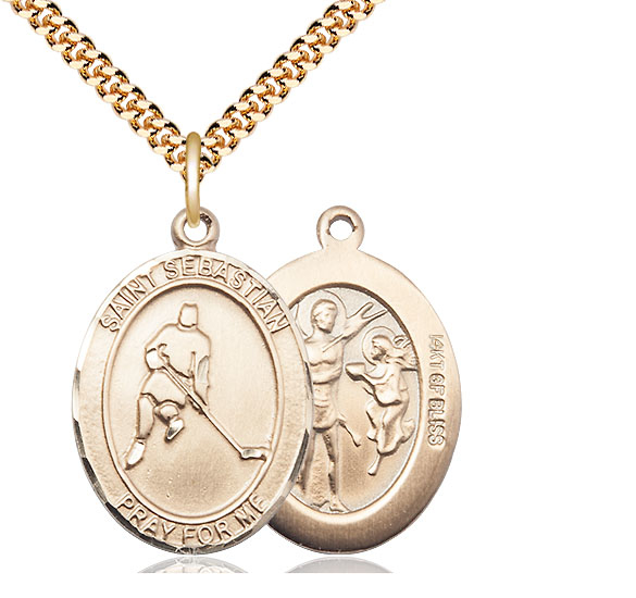 14kt Gold Filled Saint Sebastian Ice Hockey Pendant on a 24 inch Gold Plate Heavy Curb chain