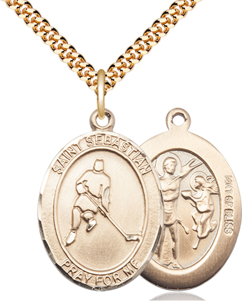 14kt Gold Filled Saint Sebastian Ice Hockey Pendant on a 24 inch Gold Plate Heavy Curb chain