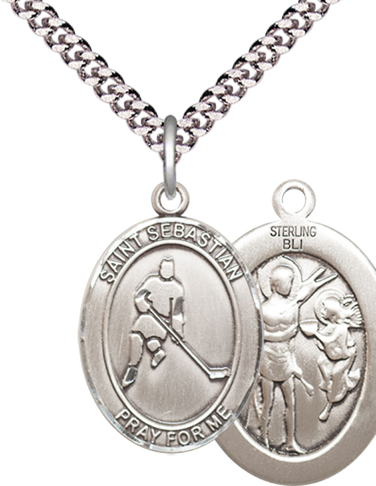 Sterling Silver Saint Sebastian Ice Hockey Pendant on a 24 inch Light Rhodium Heavy Curb chain