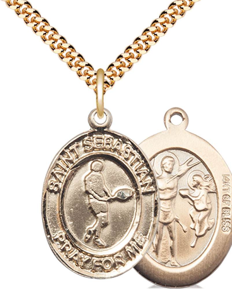 14kt Gold Filled Saint Sebastian Tennis Pendant on a 24 inch Gold Plate Heavy Curb chain