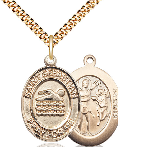 14kt Gold Filled Saint Sebastian Swimming Pendant on a 24 inch Gold Plate Heavy Curb chain