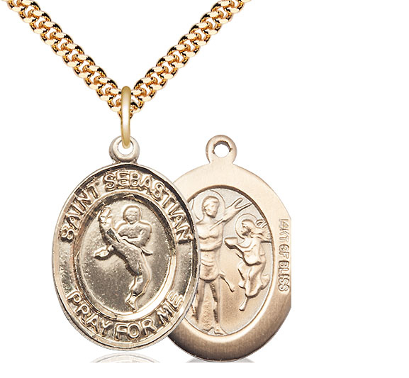 14kt Gold Filled Saint Sebastian Martial Arts Pendant on a 24 inch Gold Plate Heavy Curb chain