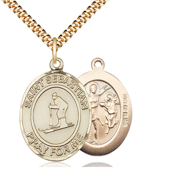 14kt Gold Filled Saint Sebastian Skiing Pendant on a 24 inch Gold Plate Heavy Curb chain