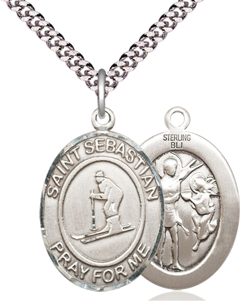 Sterling Silver Saint Sebastian Skiing Pendant on a 24 inch Light Rhodium Heavy Curb chain