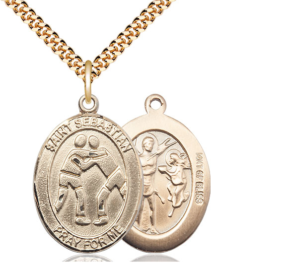 14kt Gold Filled Saint Sebastian Wrestling Pendant on a 24 inch Gold Plate Heavy Curb chain